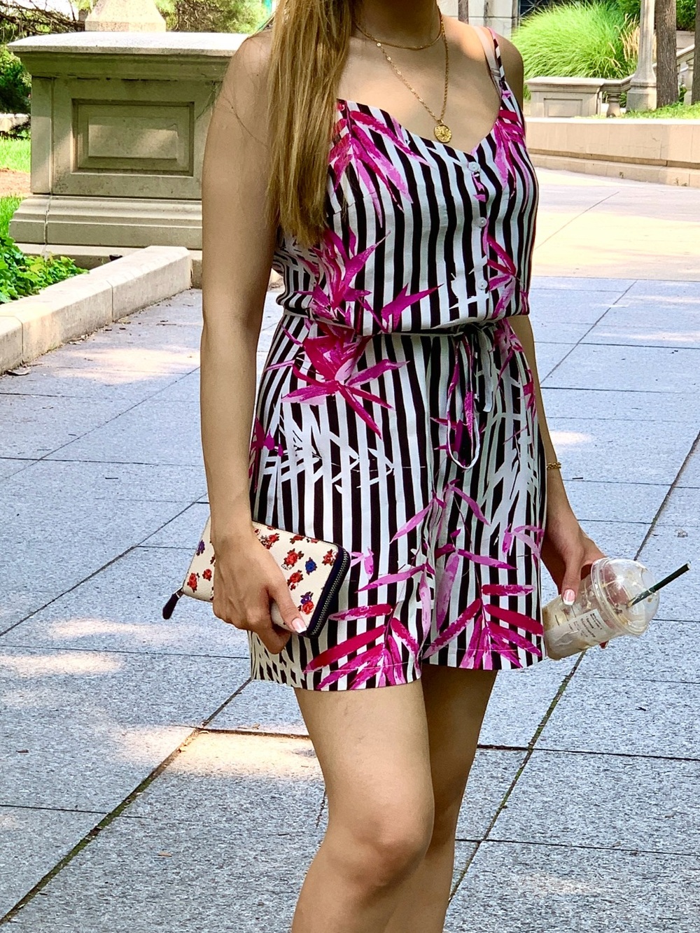 Sleeveless Black & White Stripe Dress with Pink Floral Print